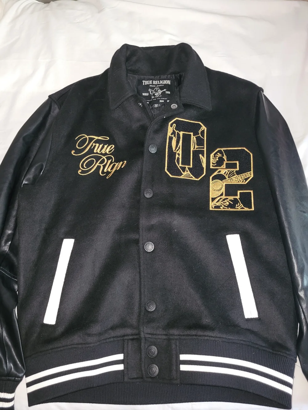 True Religion Black and Gold Men's Varsity Bomber Jacket